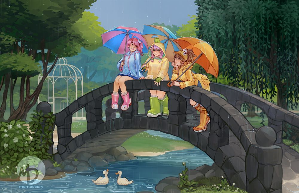 Kiriko, Mei, and Mercy from the game Overwatch, dressed in their rainy-day skins in an arboretum garden. They're all resting on a stone bridge, chatting and feeding some ducks with seed  off the side of the bridge. They're surrounded heavily in deep greens and rain droplets, and are happily shielded by their colorful umbrellas.