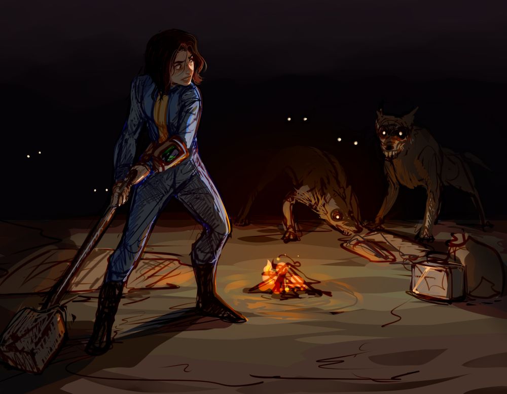 The Sole Survivor of Fallout 4, illuminated by a small campfire, is surrounded in complete darkness and the many pairs of eyes of wolves. 2 of the wolves are close enough to also be barely illuminated by the fire's glow. The Sole survivor grips some rebar with a chunk of cement grafted to the end of it in her hands, she glances over her shoulder, ready to hurl the weighted weapon at the wolves if they come closer.