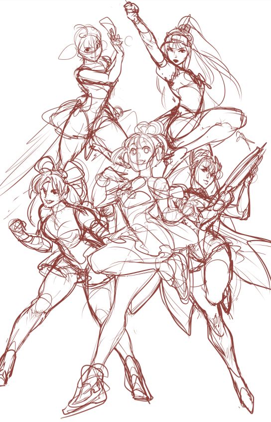 a very rough sketch of the 5 main dokiwatch girls from Overwatch 2 season 16, posed to resemble a 90s sailor moon poster