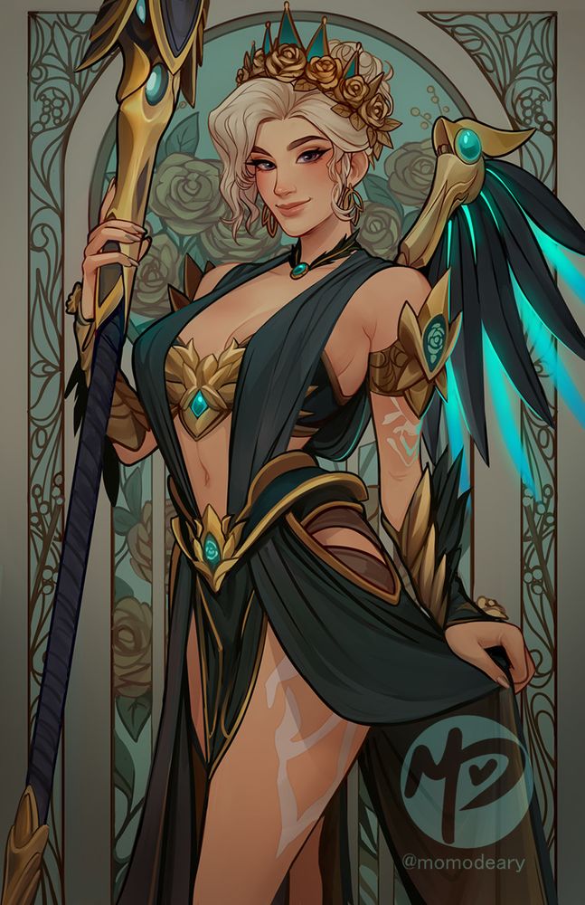 An illustration of Mercy from Overwatch in her Rose Majesty skin. A romantic and rose-themed outfit, with a primary coloring of deep-dark teal green and intricate gold details. A bustier wraps around her chest and large belt sits stop her hips. Spiky armor pieces decorate her biceps and forearms, while long dark teal sashes cover her chest and legs vertically. 
The art style is meant to reflect Alphonse Mucha's Art Nouveau style, with organic lines and whimsical framing. The overall color palette is warm golds, teal and taupe. 
Mercy is gracefully standing at a 3/4 angle, left hand holding a sash away from her leg showing a bit of thigh, the other hand delicately holding her staff as she stares kindly at the viewer with a warm smile. A gold crown of roses adorns her up-do.