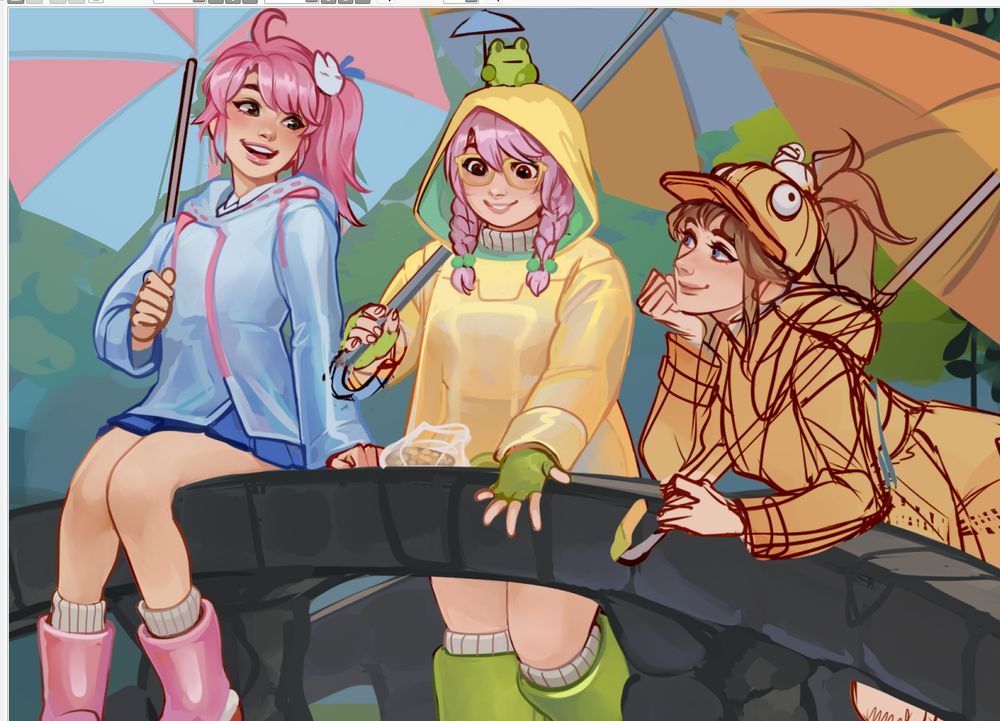 a progress snapshot of an illustration - Kiriko, Mei, and Mercy from Overwatch in their Rainy Day skins all hanging out at a garden park