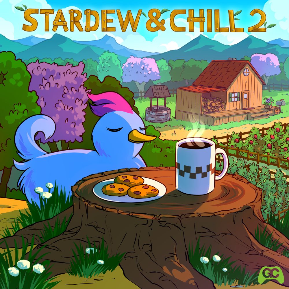 Album artwork for Stardew & Chill 2. A blue chicken rests in a pasture by a stump, its eyes closed contentedly. Atop the stump sits a plate of cookies and a steaming mug of coffee. In the background stands a farmhouse, and beside it, a stone well and a field of strawberries.