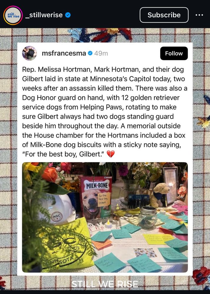 Instagram post about the memorial for Rep Hartman and her husband and their dog. Rep. Melissa Hortman, Mark Hortman, and their dog Gilbert laid in state at Minnesota's Capitol today, two weeks after an assassin killed them. There was also a Dog Honor guard on hand, with 12 golden retriever service dogs from Helping Paws, rotating to make sure Gilbert always had two dogs standing guard beside him throughout the day. A memorial outside the House chamber for the Hortmans included a box of Milk-Bone dog biscuits with a sticky note saying, 