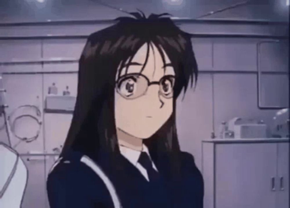 a cartoon girl with long hair and glasses is standing in a room .