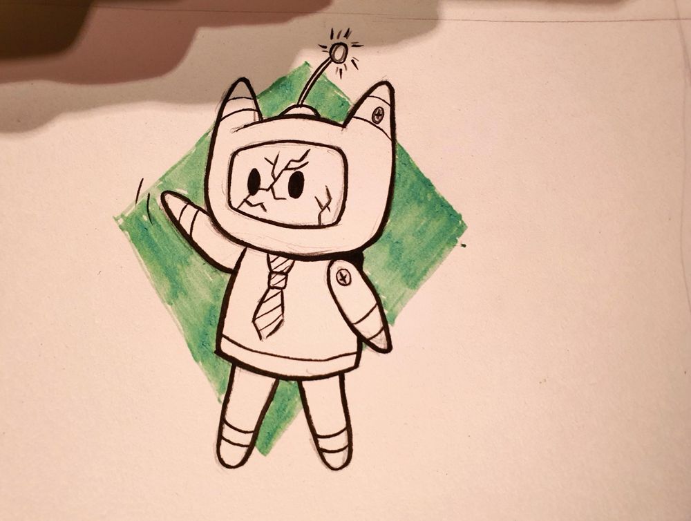 Small drawing of a little robot with a cracked facescreen
