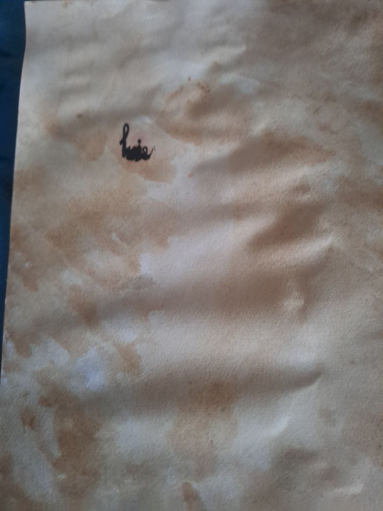 Tea stained paper with a failed attempt of ink writing on it.