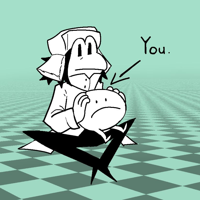 the protagonist of RIBBIT, the deltarune mod (You) and the white thing from the Rhythm Heaven Groove trailer (You)