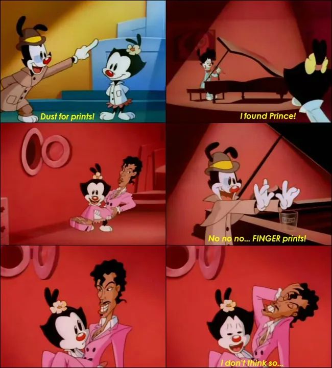 6 panel Animaniacs cartoon featuring Wacko, Dot, and Prince