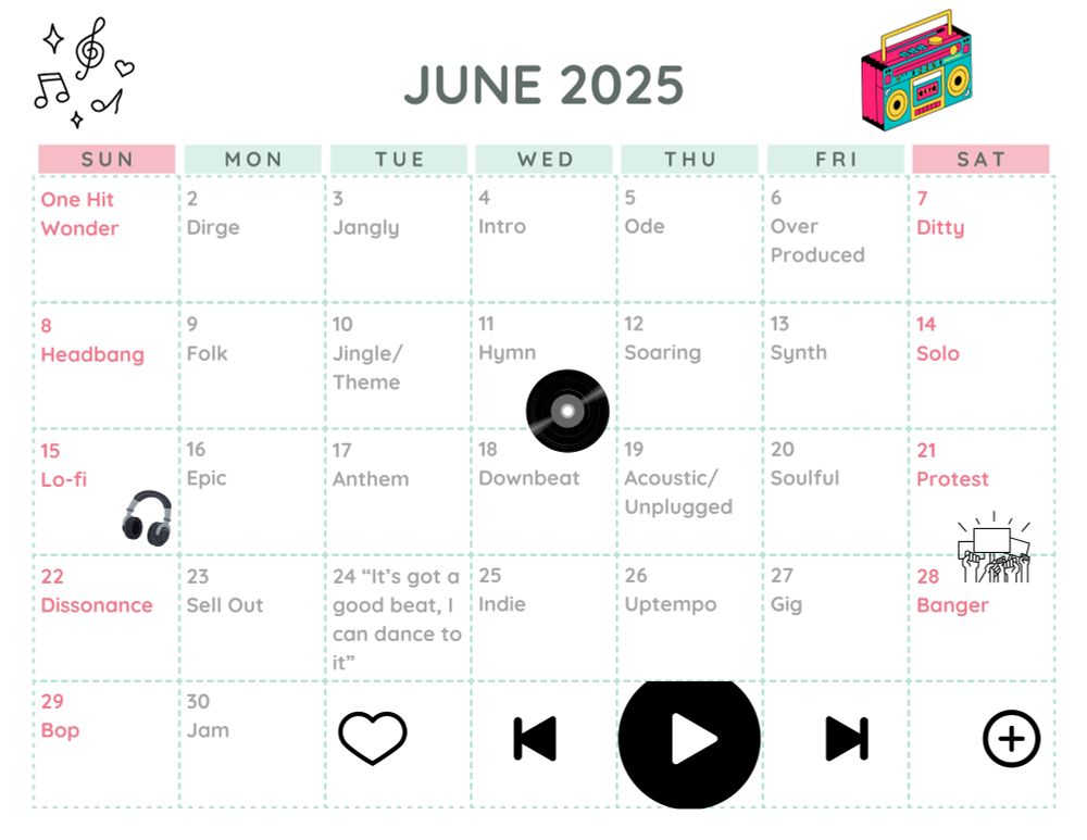 June 2025 calendar with daily prompts:
One Hit Wonder
Dirge
Jangly
Intro
Over Produced
Ditty
Headbang
Folk
Jingle/Theme
Hymn
Soaring
Synth
Solo
Lo-fi
Epic
Anthem
Downbeat
Acoustic/Unplugged
Soulful
Protest
Dissonance
Sell Out
It's got a great beat, i can dance to it"
Indie
Uptempo
Gig
Banger
Bop
Jam