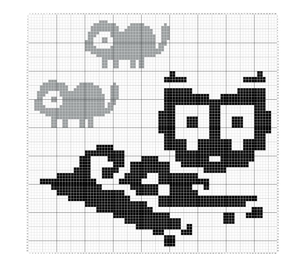 A cross stitch pattern, a large black cat is laying down in the bottom right corner and two grey mice are running behind it in the top left corner 