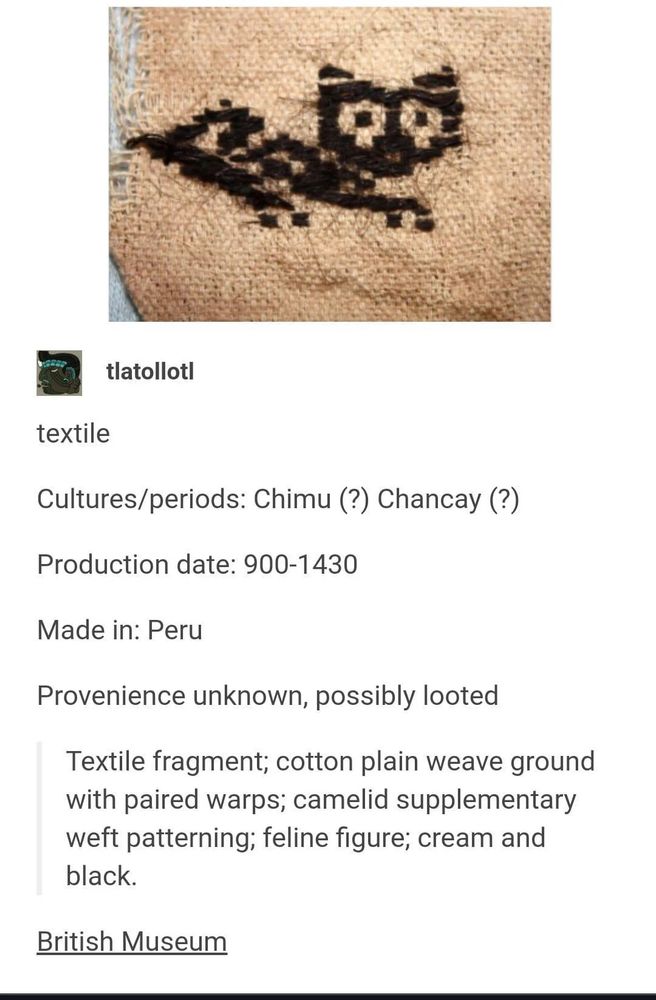 Textile fragment; Made in Peru between 900 and 1430 AD, cotton plain weave fabric with a black cat pattern stitched onto it 