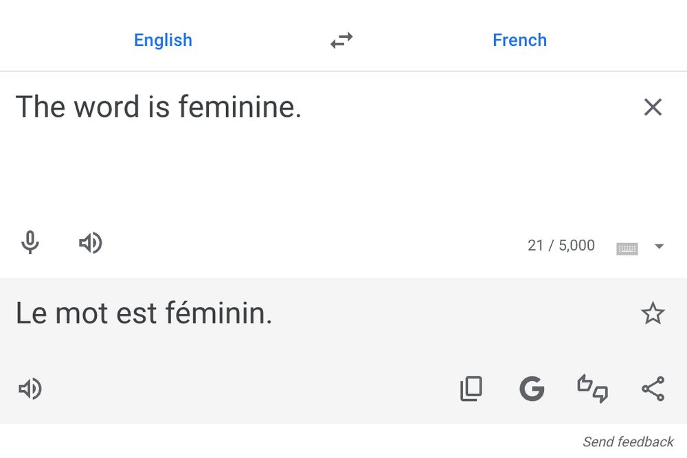 A screenshot of Google Translate showing the English sentence "The word is feminine" and its French translation "Le mot est féminin".