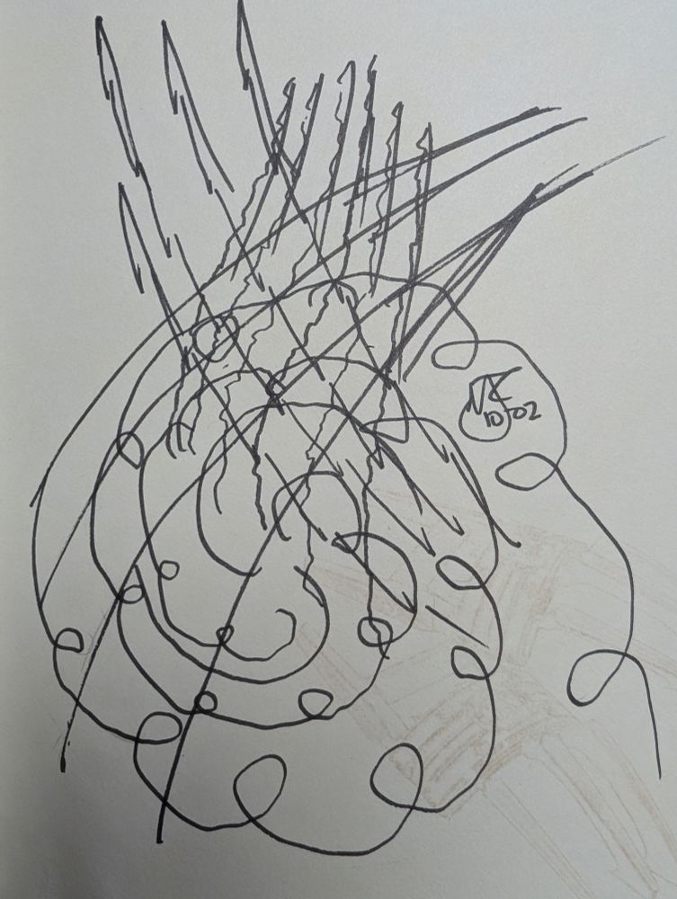 An interweaving of several different lines, each looking like different types of slashes. Near the bottom is a spiral cloud. A signature of MJC and the date 10/02.