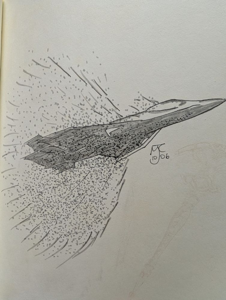A grey tone ink drawing of a jet breaking the sound barrier. The mach cloud is represented with bost stippling and speed lines. There is a signature MJC with the date 10/06
