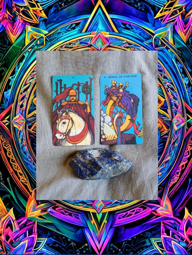 6 of Wands and Wheel of Fortune tarot with Lapis Lazuli rough crystal 