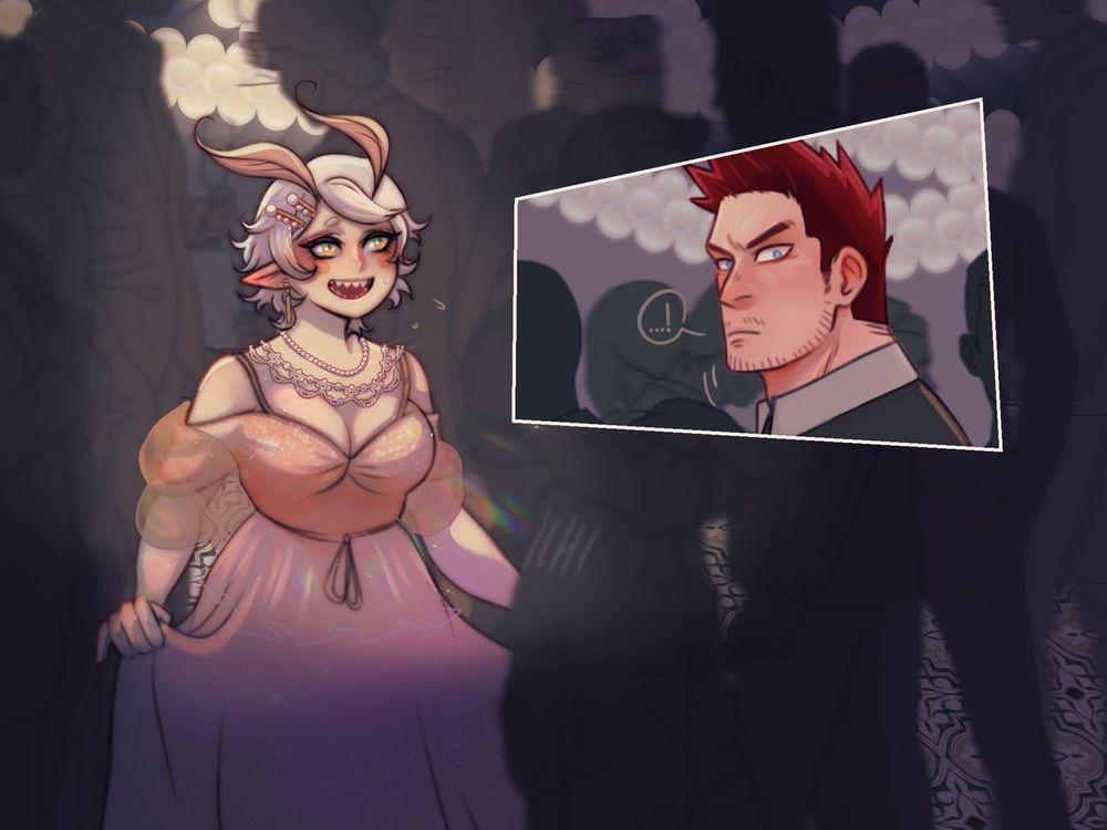 my bnha oc menma mori wearing a fancy dress at a gala. she is standing amongst people and has a nervous smile on her face. from afar, enji /endeavor spots her and he looks a bit surprised.