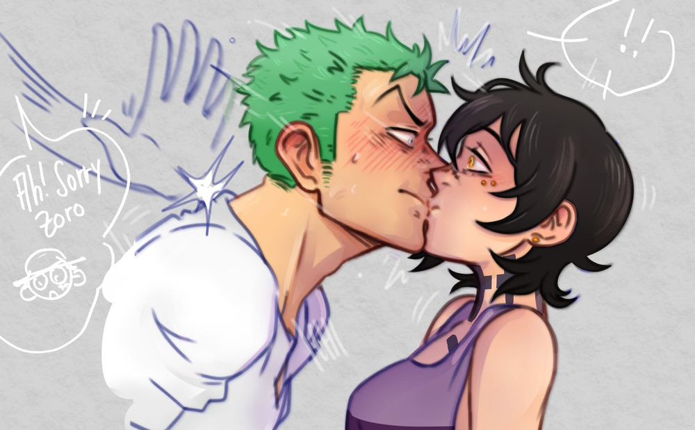 Roronoa Zoro from One Piece accidentaly gets shoved into my OC Dracule Sashas face by Luffy, resulting in an awkward kiss. Luffys speech bubble says "sorry zoro"