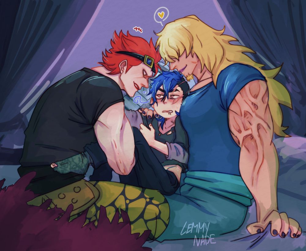 digital art of eustass kidd and killer from one piece with my oc neji / carnage. neji is trapped in between kidd and killer. they are all sitting on a bed. kidd and killer look down on neji with a grin. neji looks both flustered and annoyed.

additional keywords: selfship, ocxcanon, yumeship, polyship, ot3, self insert