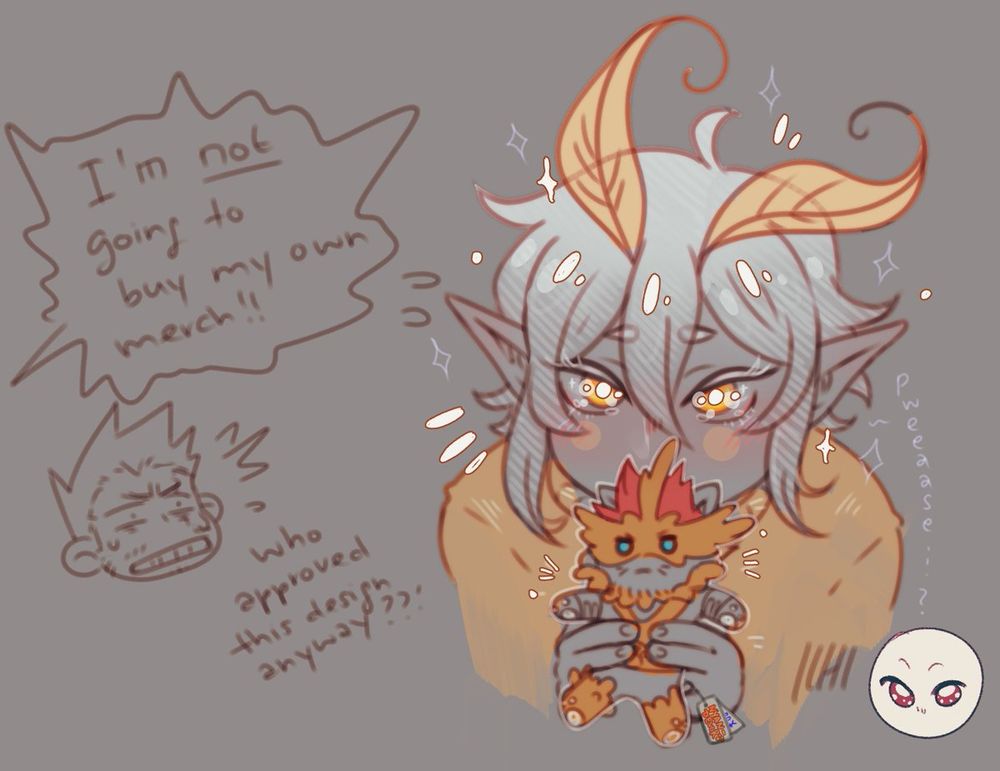 my bnha oc menma mori holding up a cute plushie of endeavor with cat ears. menmas eyes sparkle as she looks up like a puppy, saying "pleaaase".
from off screen, enji todoroki says "I'm NOT going to buy my own merch! who approved this design anyway??"