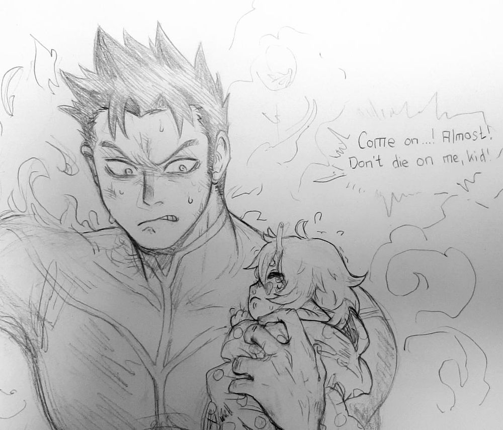 a young enji todoroki / endeavor from my hero academia is holding a baby (the baby is my oc menma mori). they are surrounded by flames. endeavor looks distressed, desperate to get the baby out of the situation alive. the baby is cuddled up in a blanket and shaking; grabbing onto endeavor with one tiny hand. endeavor says "come on! almost! don't die on me kid!"