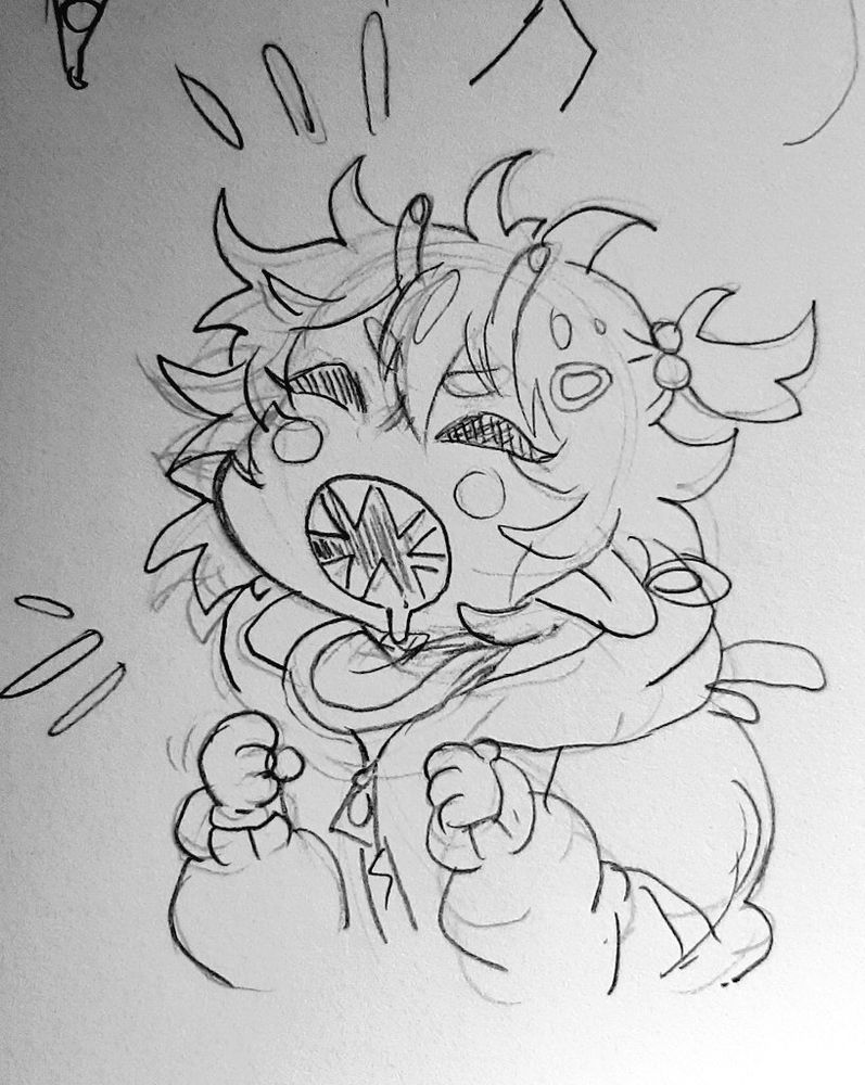 menma as a baby. she is chubby and has pointy teeth and small antennaes.