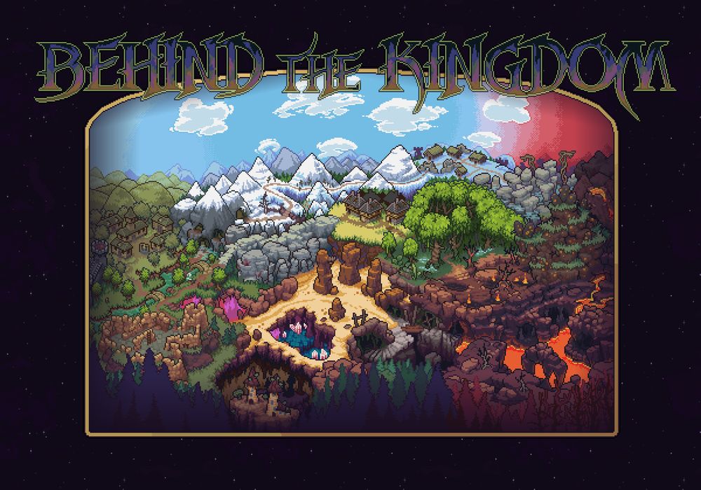 A colorful pixel art map of a fantasy kingdom including villages, snowy mountains, caves, volcanic ground, and forests, drawn at an isometric angle.