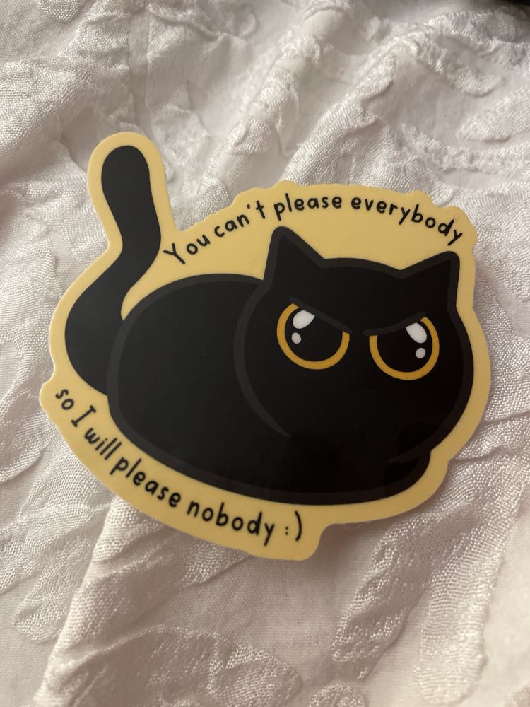 Vinyl sticker of an angry black cat that says “You can’t please everybody so I will please nobody” 