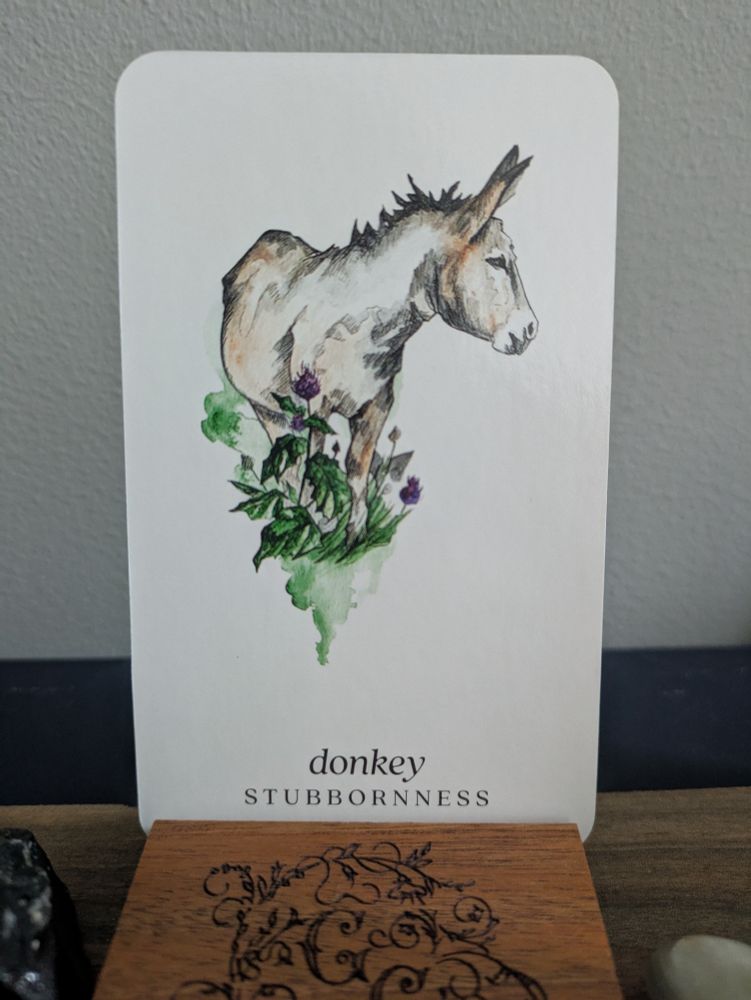 A watercolor picture of a brown and gray donkey standing in a small patch of green grass with purple flowers. The card says Donkey- Stubbornness. Art by Siolo Thompson in the Winterseer Oracle deck.