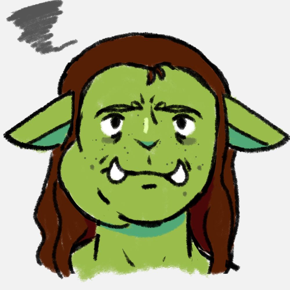 A bust drawing of my orc sona looking miserable as they have a swollen lymph node on their face.

#orc
#sona
#myart
#drawing