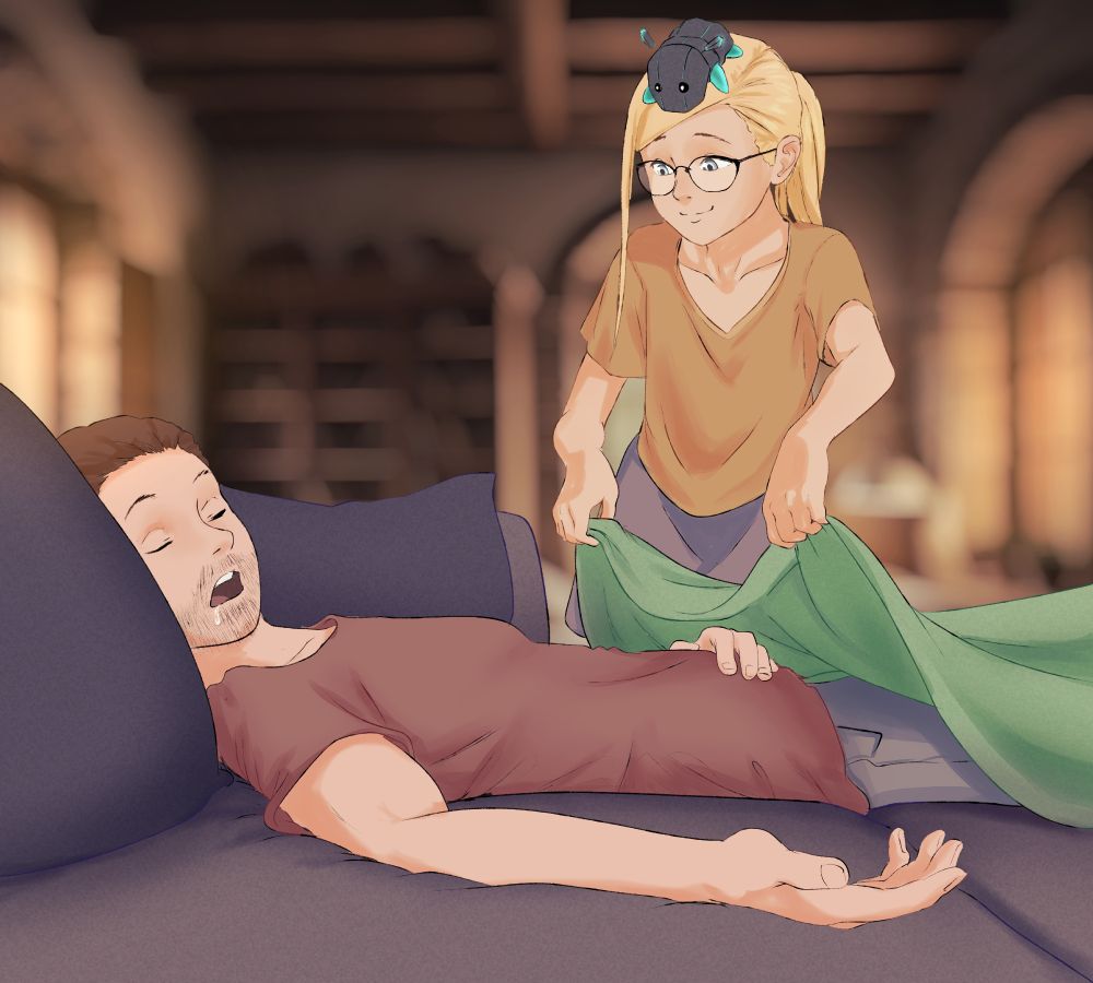 Feyenne (right) sliding a blanket over her mentor, passed out on the couch.