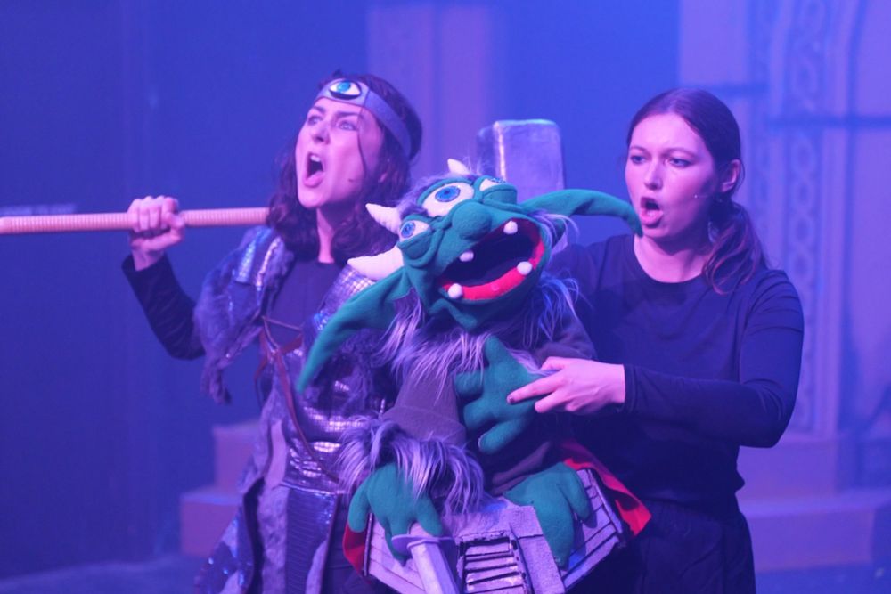 Me in my Viking get up roaring a high note next to a yodaesque puppet