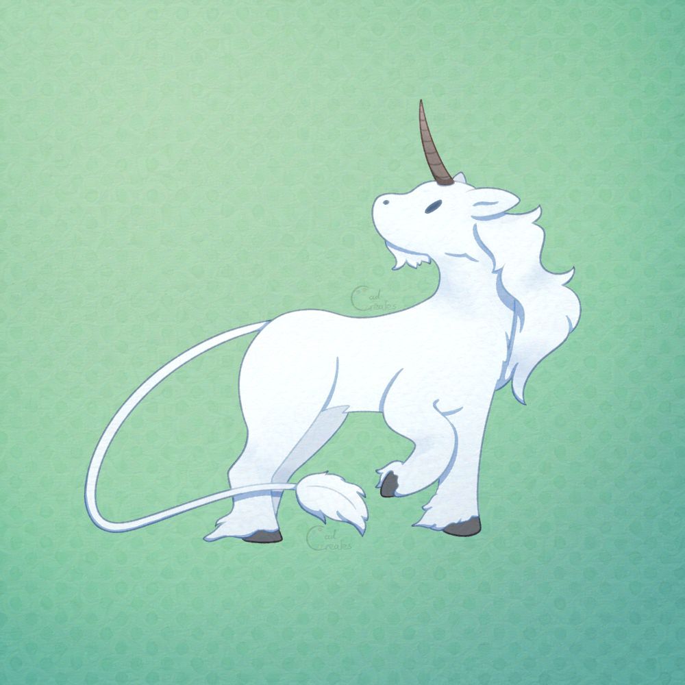 A unicorn based on older european depictions. Silver-white, with a little beard, tufted hooves and a tail that's thin with a tuft at the end. And the horn is a little curved. The unicorn is looking over its shoulder and lifting a hoof.