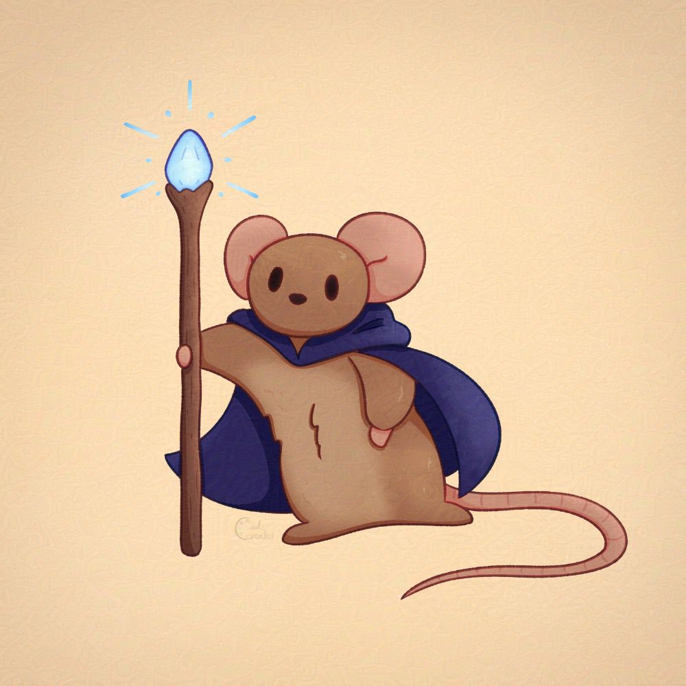 A little light brown mouse wielding a staff with a blue crystal and wearing a dark blue wizard cape.
