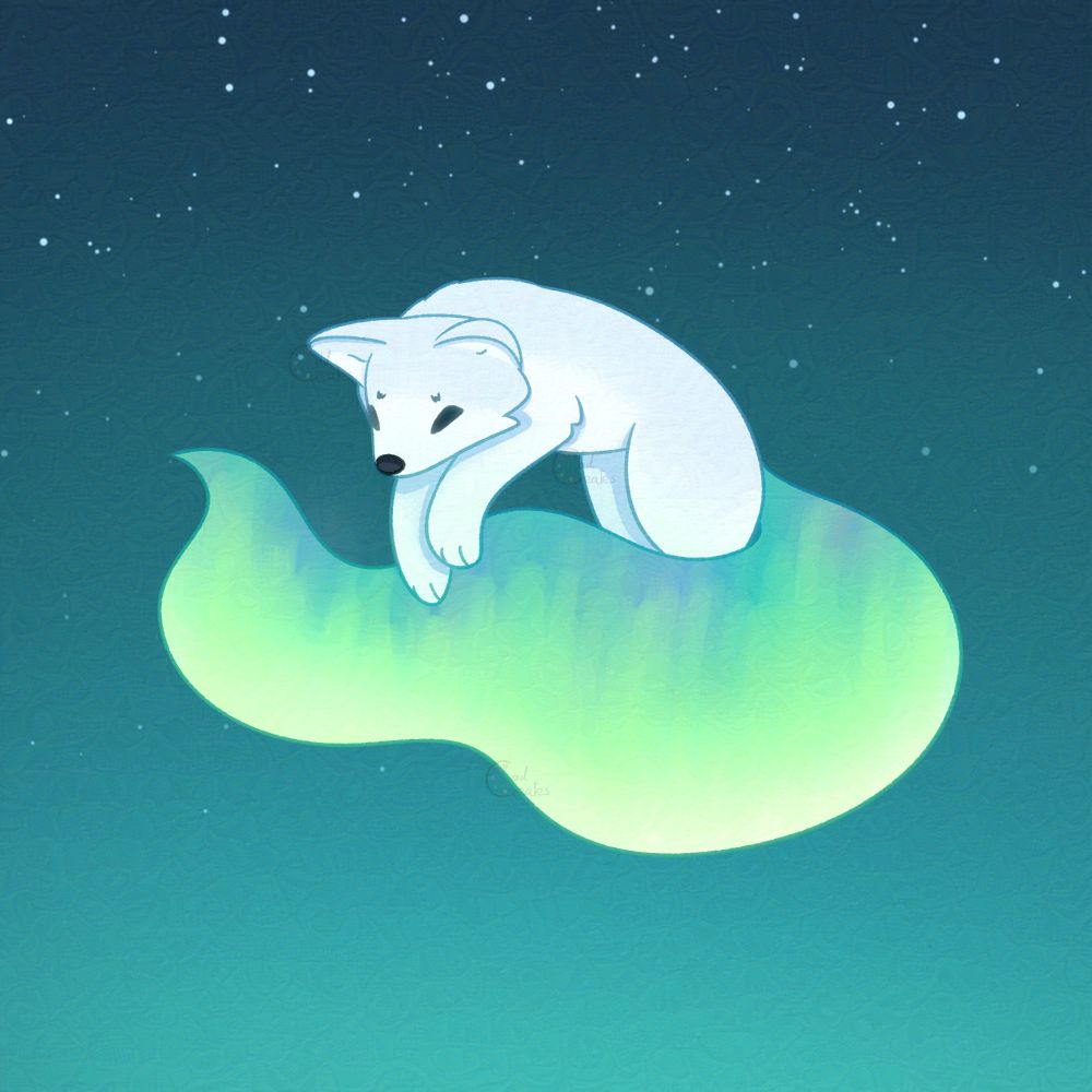 A white fox jumping over its own tail, which is made of green northern lights