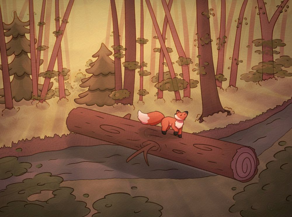 A forest in the early evening. A river runs through the middle, with a fallen tree forming a bridge over it. A red fox walks over the tree, looking up into the trees.