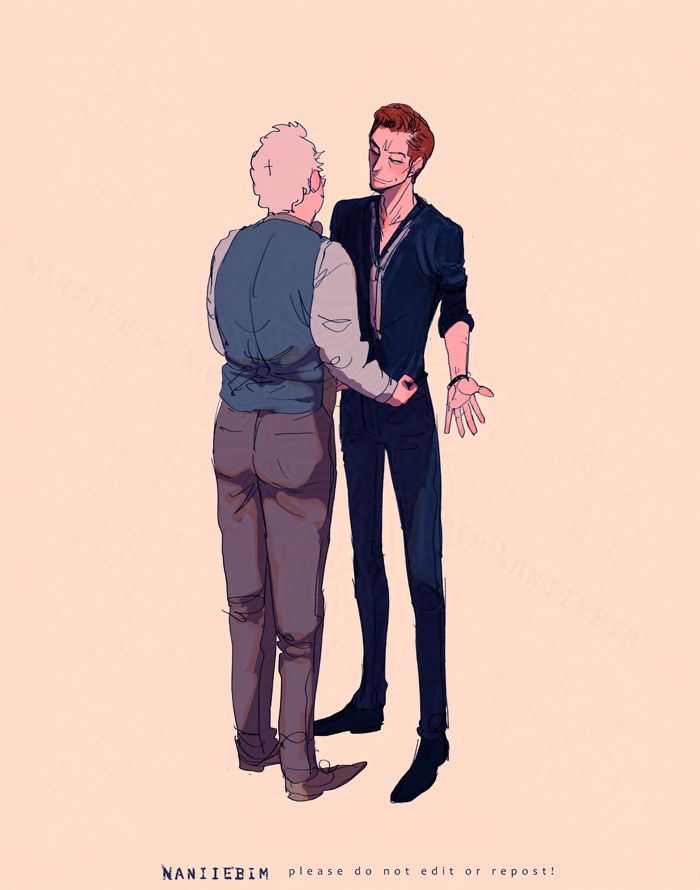 TV crowley and aziraphale, airapahle is admiring crowley's OOC cardigan.