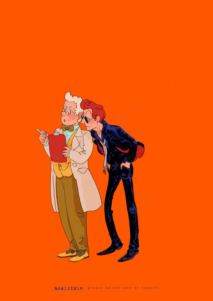 Aziraphale with a clipboard and crowley looking over his shoulder along for the trip