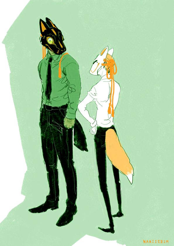 Two men in suits- one wearing a black wolf mask and one wearing a fox mask
