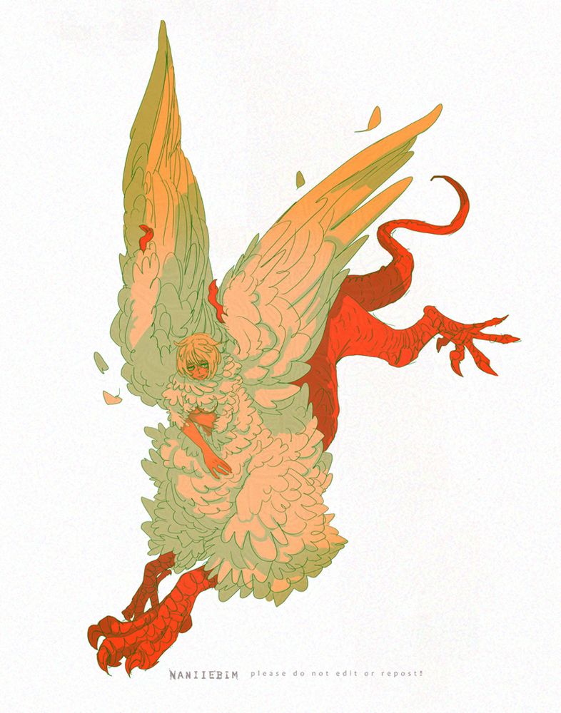 Delicious in dungeon, dungeon meshi manga and anime, Half red dragon, half falin chimera she is a blonde lady with white plumage and wings on her top half, and red dragon legs and tail