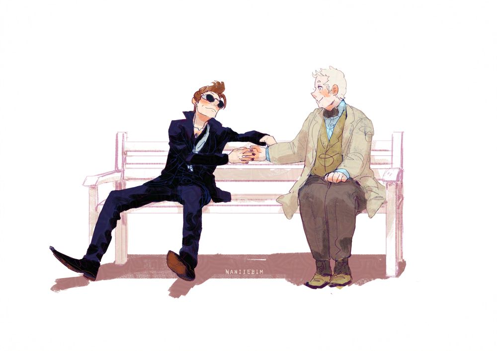 Crowley and Aziraphale sitting on The Bench