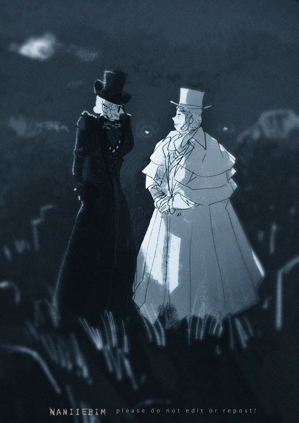 Aziraphale and Crowley in victorian garb, in a midnight edinburgh graveyard