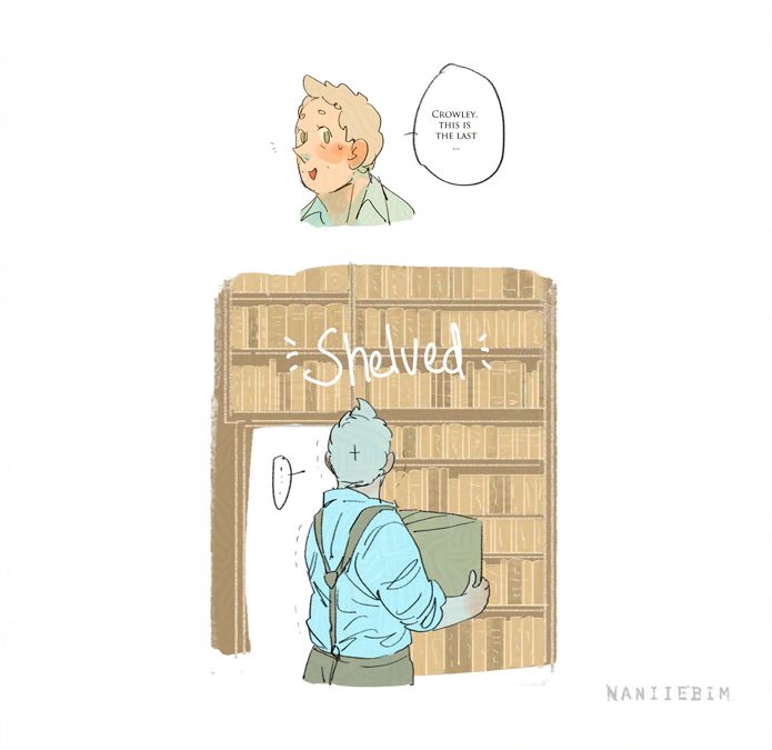 TV go aziraphale enters the room- saying "crowley, this is the last..." when he notices ALL of the books have been sheveled up on the book shelves in the room (these go up to the ceiling, possibly beyond, and definitely wall to wall.)