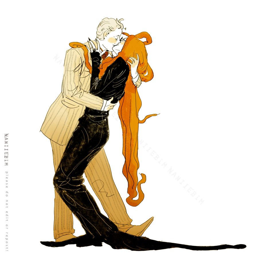 Go addams family crossover with Gomezira and Crowticia (aziraphale and crowley in morticia snd gomez cosplay) kiss. With crowticias little medusa hair sneks