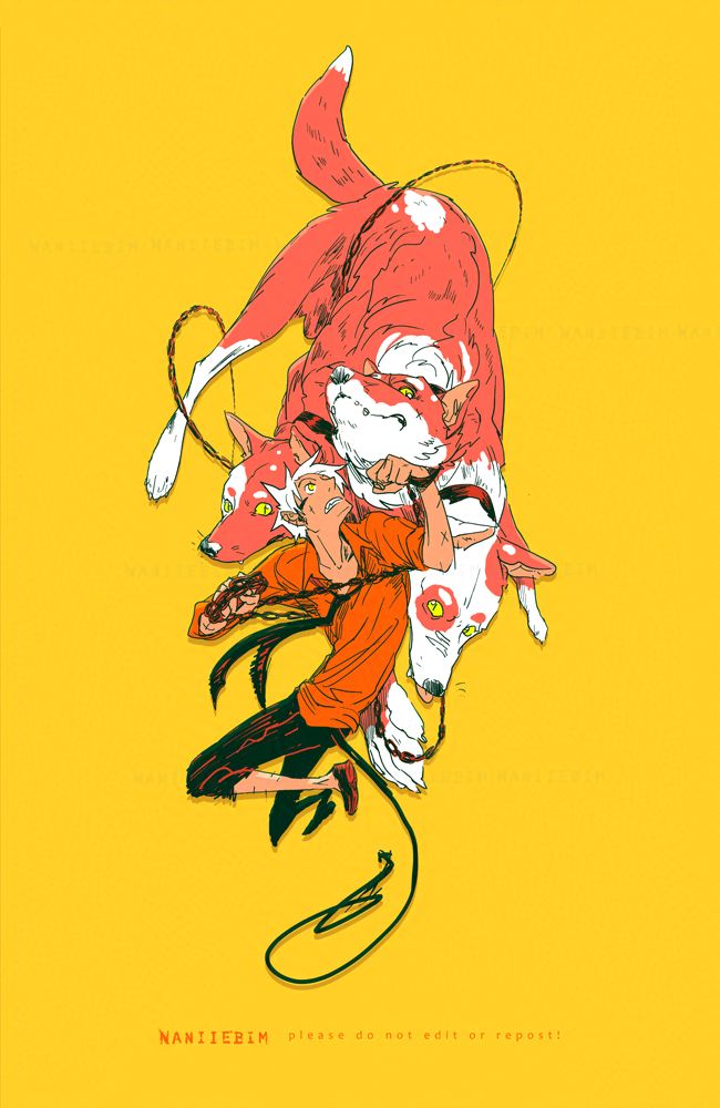 White haired demon guy in salaryman shirt and tie wrangling a three headed dog with spot patches.