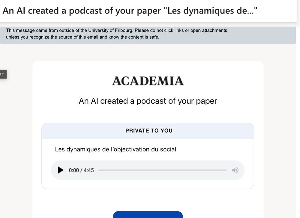 annonce reçue que le réseau social Academia a demandé à une IA de faire un podcast de l'un des mes articles, bien évidemment sans me demander mon avis