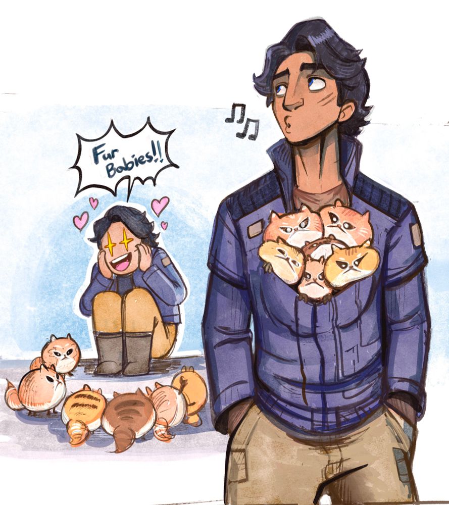 A fan art of Ezra Bridger from Ashoka season two. Could be considered spoilers? The baby Loth cats shown at Celebration are just little balls of fur. Ezra is looking at them on the floor, little hearts floating above his head.

Ezra yells, “Fur babies!”

On the right side of the drawing Ezra has stuffed all of them into his jacket and acting very chill because he trying to steal them. The kittens are popping out, unable to hide. 