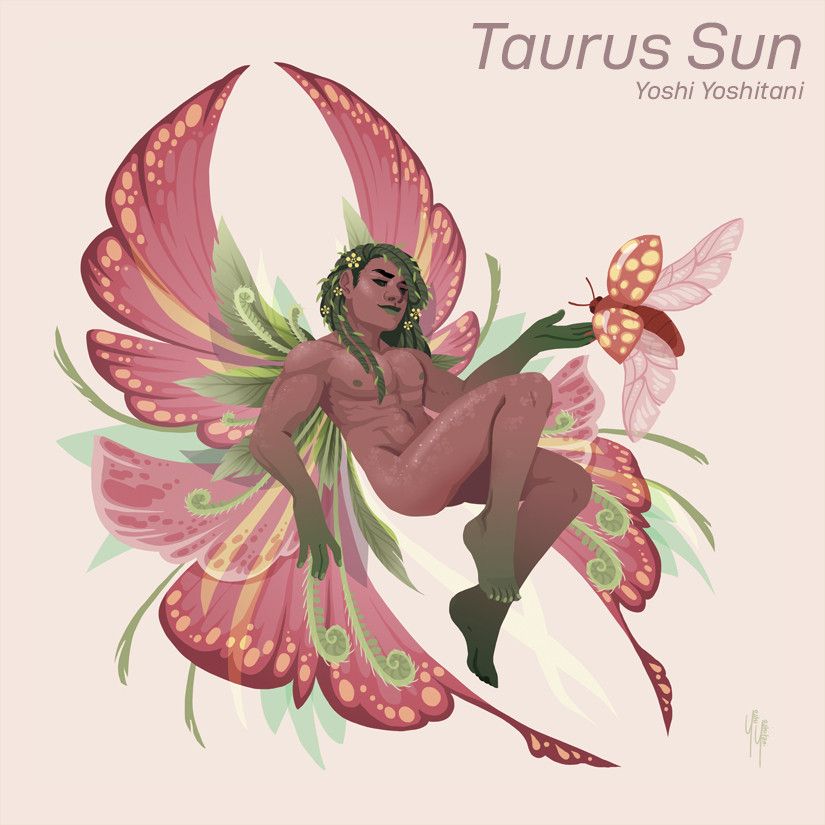 Taurus Sun from the art book Fairy Friends by Yoshi Yoshitani. A male fairy in repose gently holding a hand out to a flying pink-peach beetle with yellow spots. The fairy's wings are unfurled and glorious, a mix of moth and butterfly wings and curling ferns. The palette is coral, peach, pink, and shades of underbrush green.