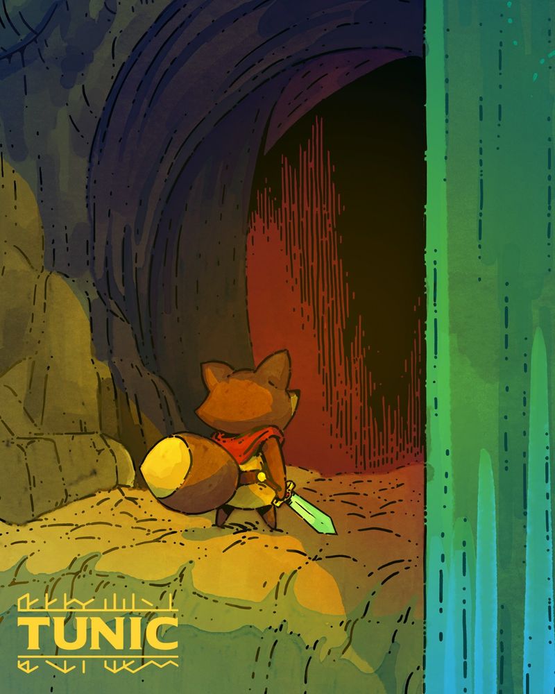Illustration from TUNIC featuring the fox standing just outside a dark tunnel and wielding a sword. The fox is turned to face the darkness, and they can definitely handle it.