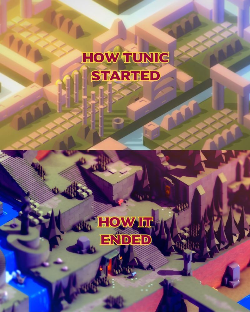 A low poly screenshot of an in-game environment that was the very start of the game TUNIC, with a screenshot from the final game below it. Text overlayed says "How TUNIC started vs How it ended." The two screenshots look incredibly different. 