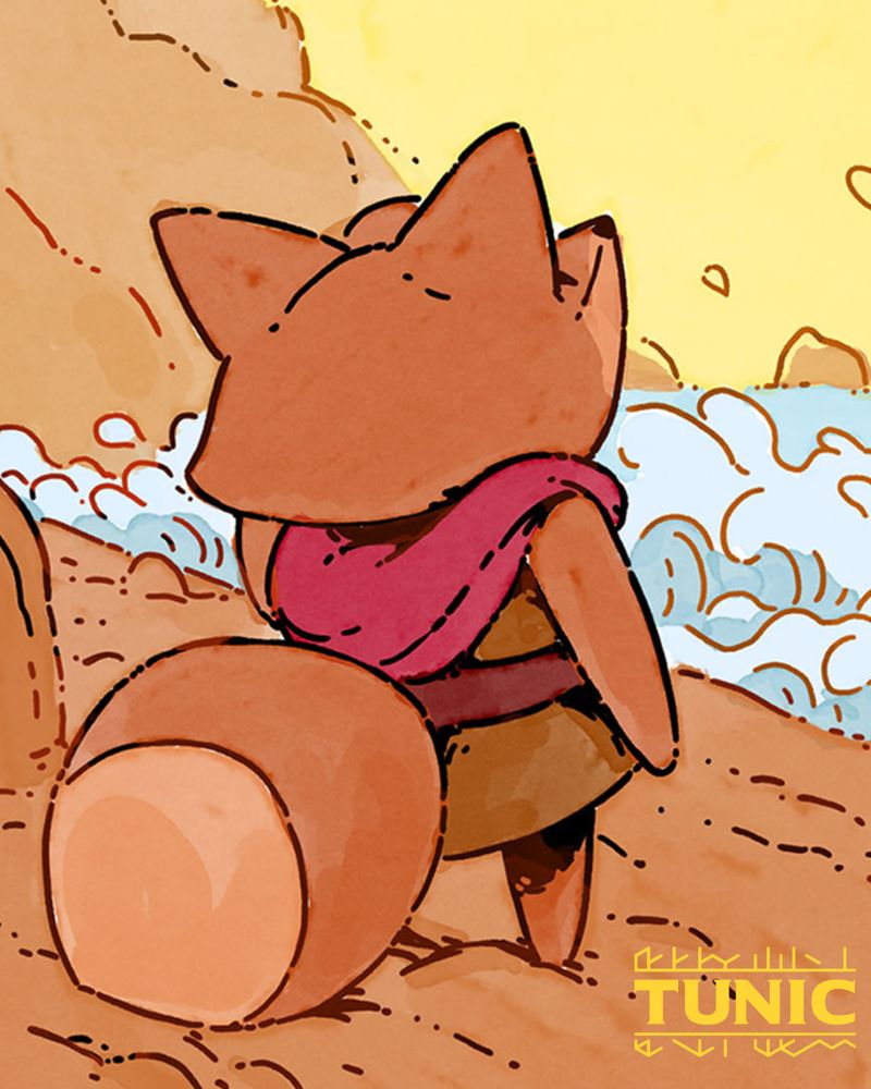 TUNIC fox standing on a sandy beach looking out at the ocean. 